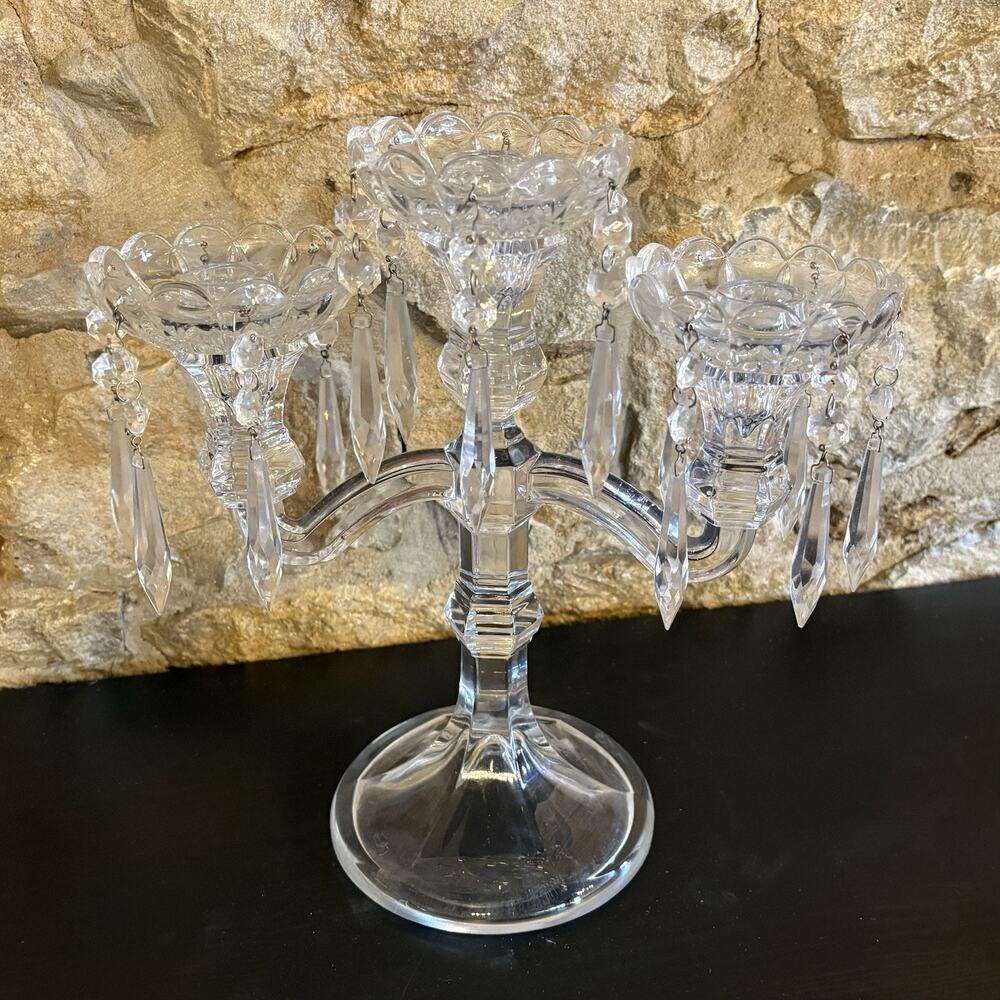 3 Arm Candelabra Hanging Prisms ROYAL LIMITED 24% Lead Crystal Czech Republic